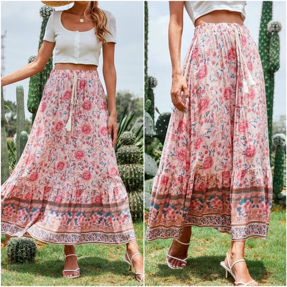 Bellanblue Dresses & Skirts - Boho Pink Floral Tassel Ruffle Maxi Skirt Gypsy